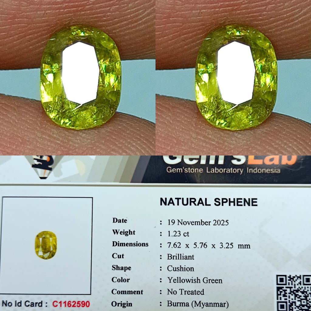 NATURAL SPHENE BURMA MYANMAR RAINBOW YELLOWISH GREEN NO TREATED MEMO GLI LAB