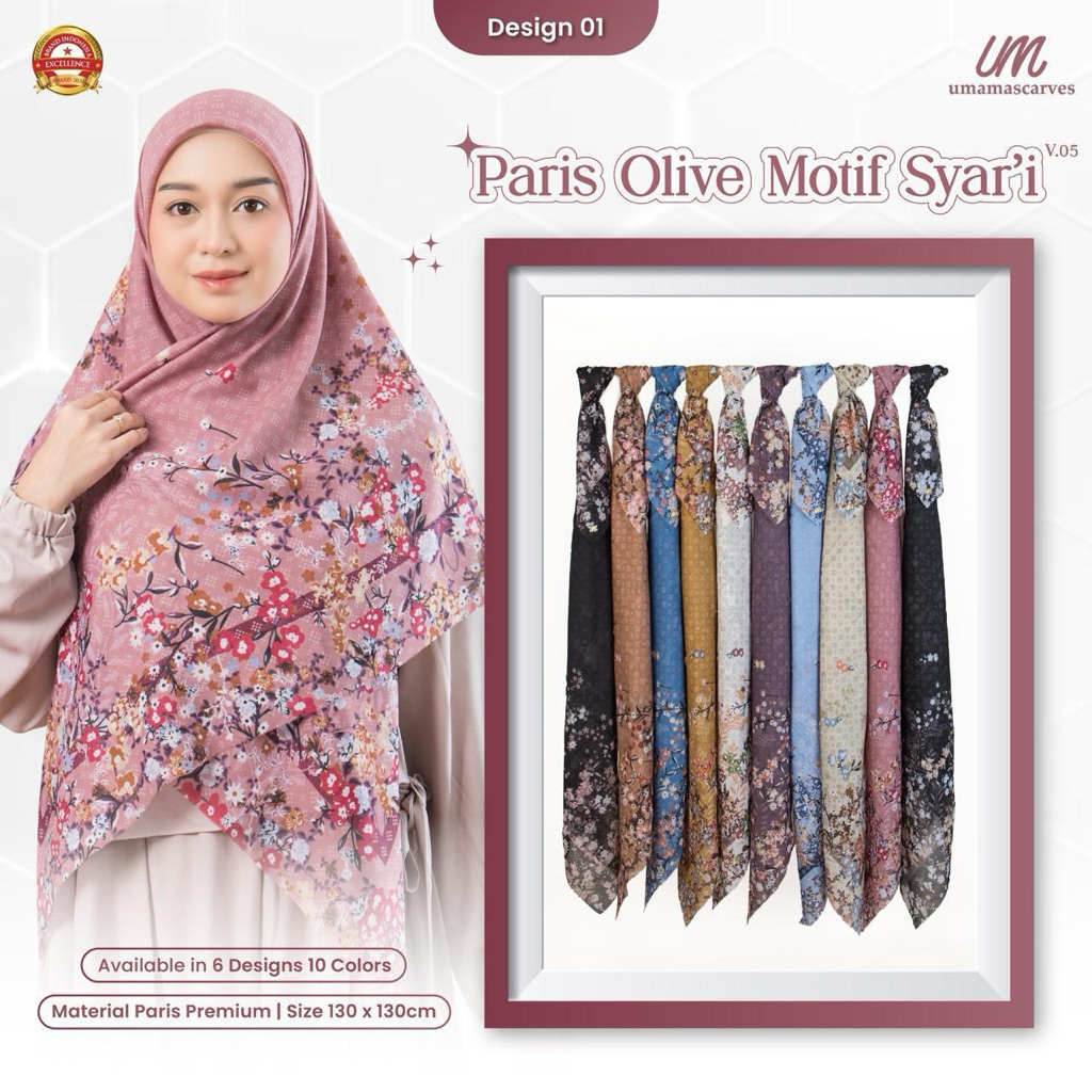 [V05] ISI 10 PCS Grosir Jilbab Kerudung UMAMA PARIS OLIVE MOTIF SYARI SW Segiempat Polycotton Polyes