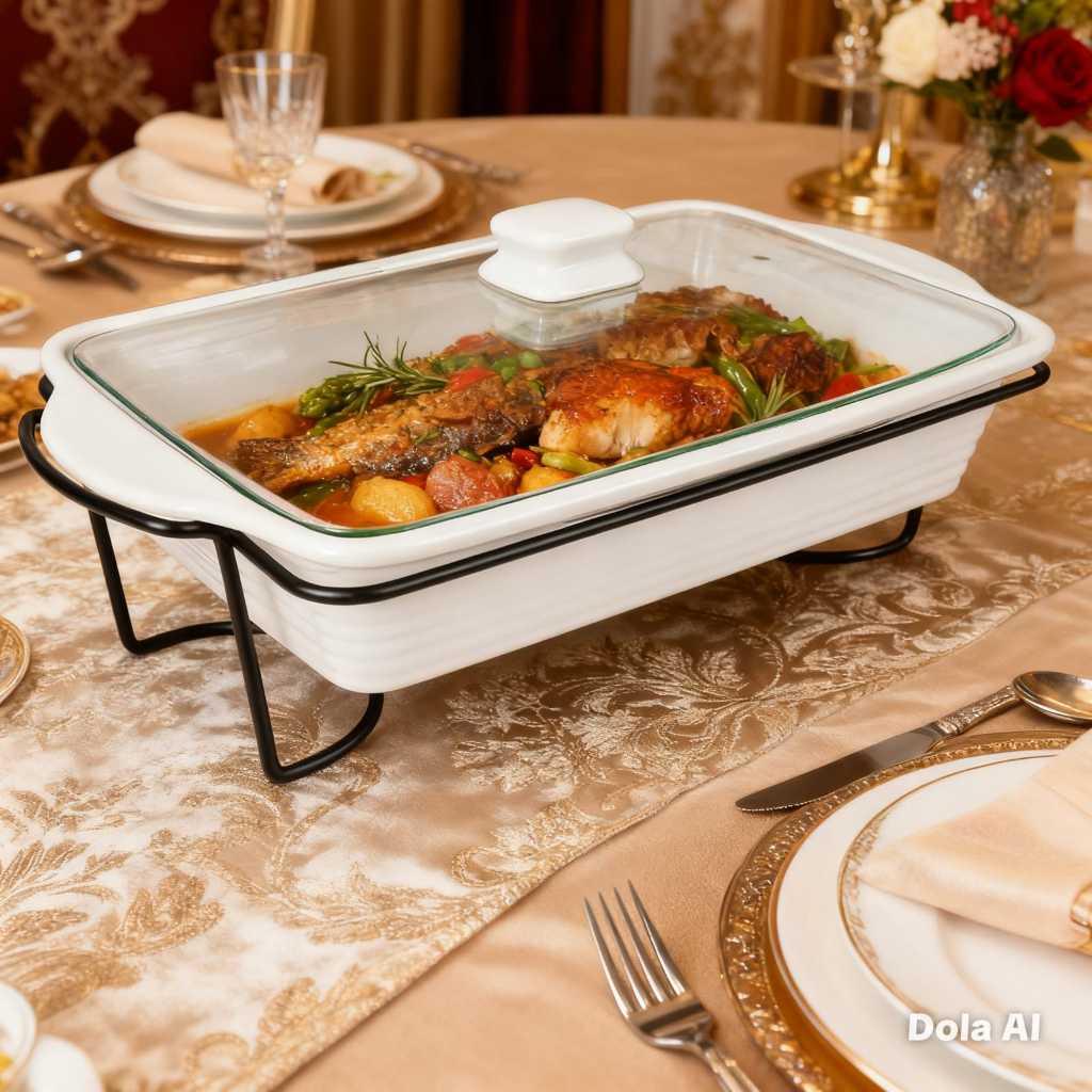 Home Line Food Warmer Basi Segi Tutup Kaca 16 Inch Keramik Porselen