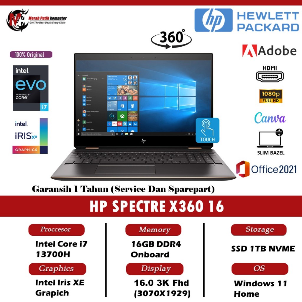 Laptop 2in1 HP Spectre x360 16 Intel Evo I7 13700H Ram 16GB SSD 2TB 16" 3K IPS Touchscreen Win11