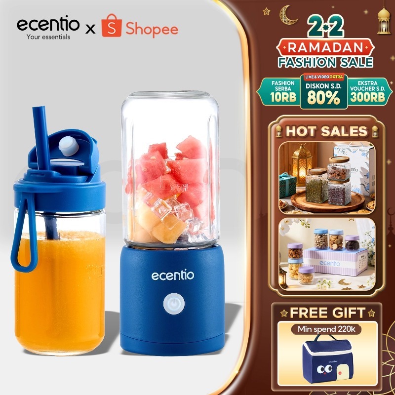 ecentio juicer blender 10 pisau juicer Kaca Tebal 2 Cup mini portable dengan sedotan 380ml+380ml