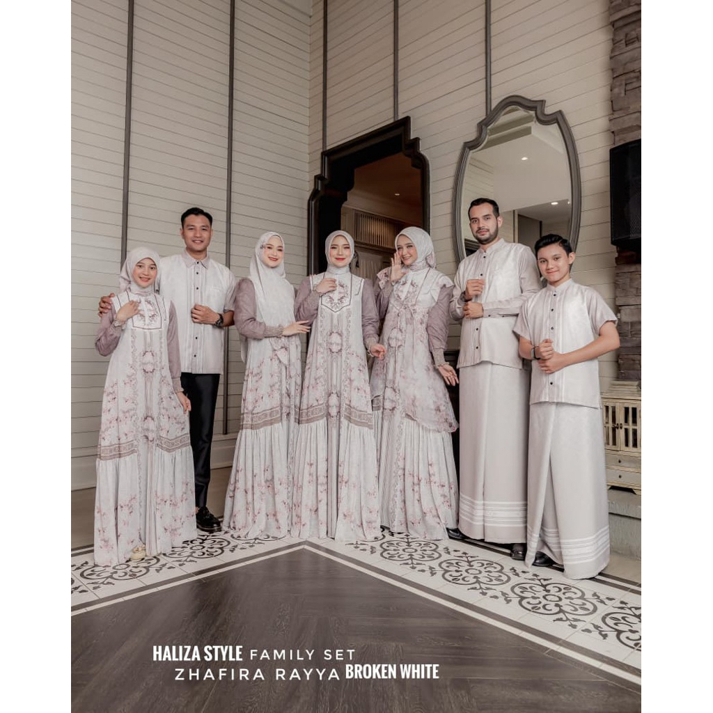 Haliza syari/ zhafira set family/ Broken white/ Dress set scrave/ Sarimbid family/ Couple family
