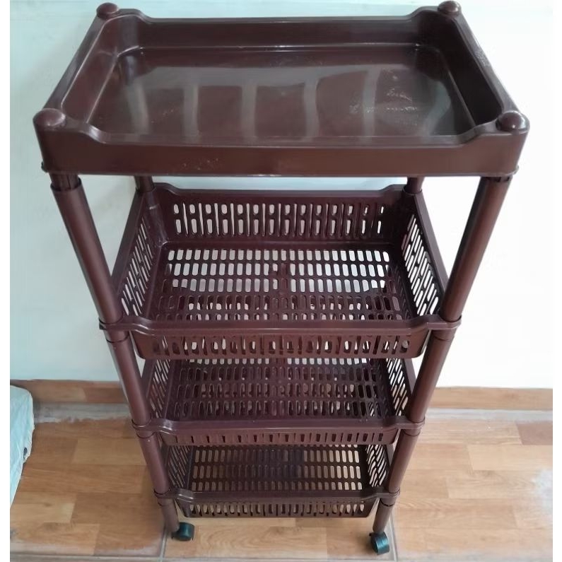 Rak Salon Segi 4 Susun / Rak Troli Serbaguna Maroon / Rak Plastik Nampan Plastik Beroda / Rak Tingka