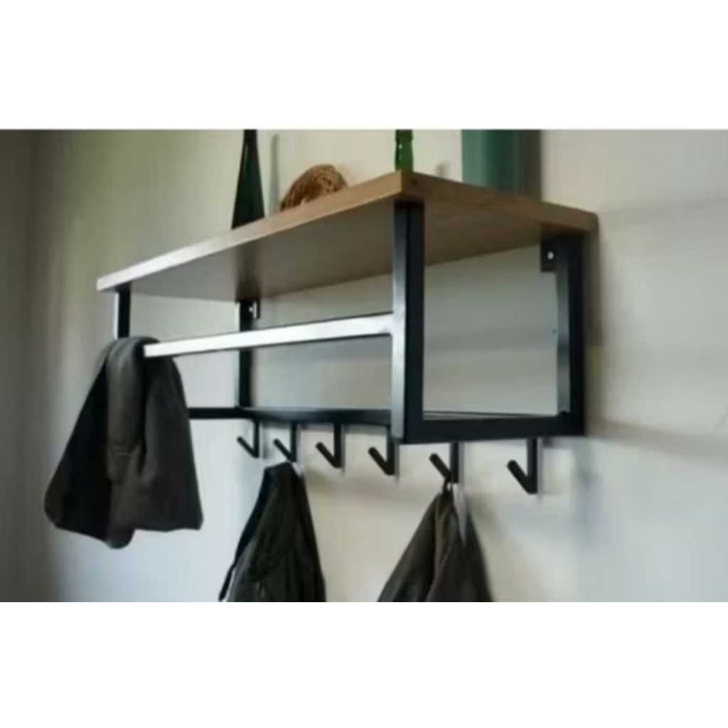 Rak Dinding Kayu Besi Minimalis - rak baju tempel dinding - rak buku dan hiasan serbaguna