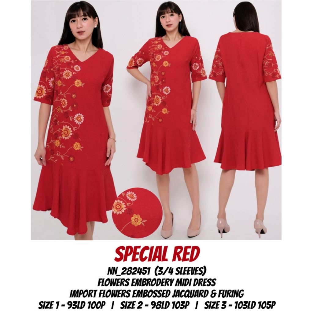 Dress midi wanita cheongsam merah bordir natal & imlek