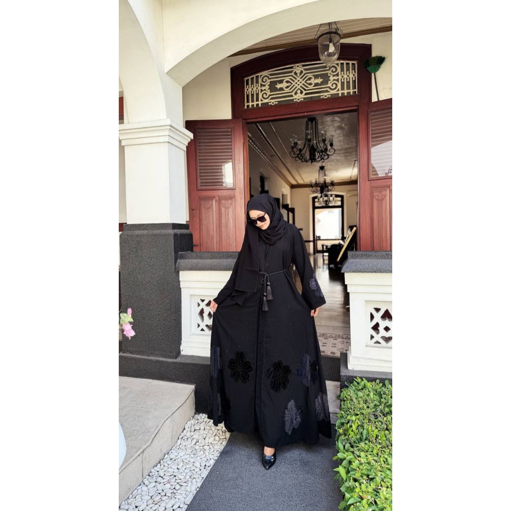 abaya remaja aesthetic mewah elegan motif bunga bludru hitam full kancing outer 2in1 ukuran dewasa j