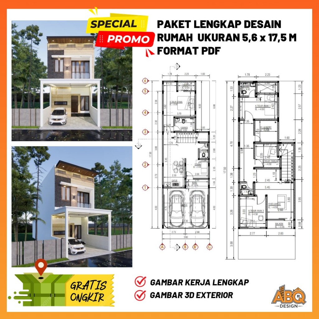 Gambar Kerja Desain Rumah  2 Lantai Ukuran 5,6 x 17,5 meter 4 Kamar Tidur