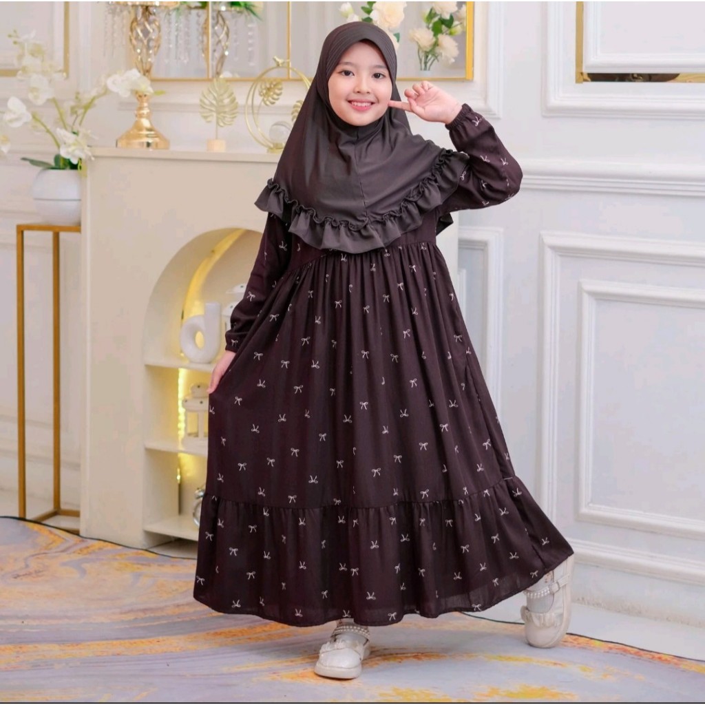 Gamis Anak Perempuan Usia 5 - 12 Tahun Gamis Katun Rayon Motif Pita Dress Anak Remaja Terbaru Gamis 