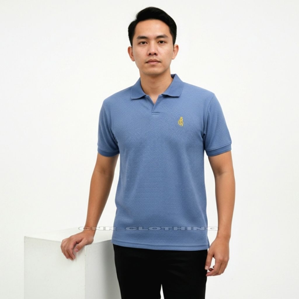 CNR Kaos Polo V-Neck Pria Bordir Waffle Knit | Baju Kerah Cowok Kain Lentur & Adem Dipakai Seharian