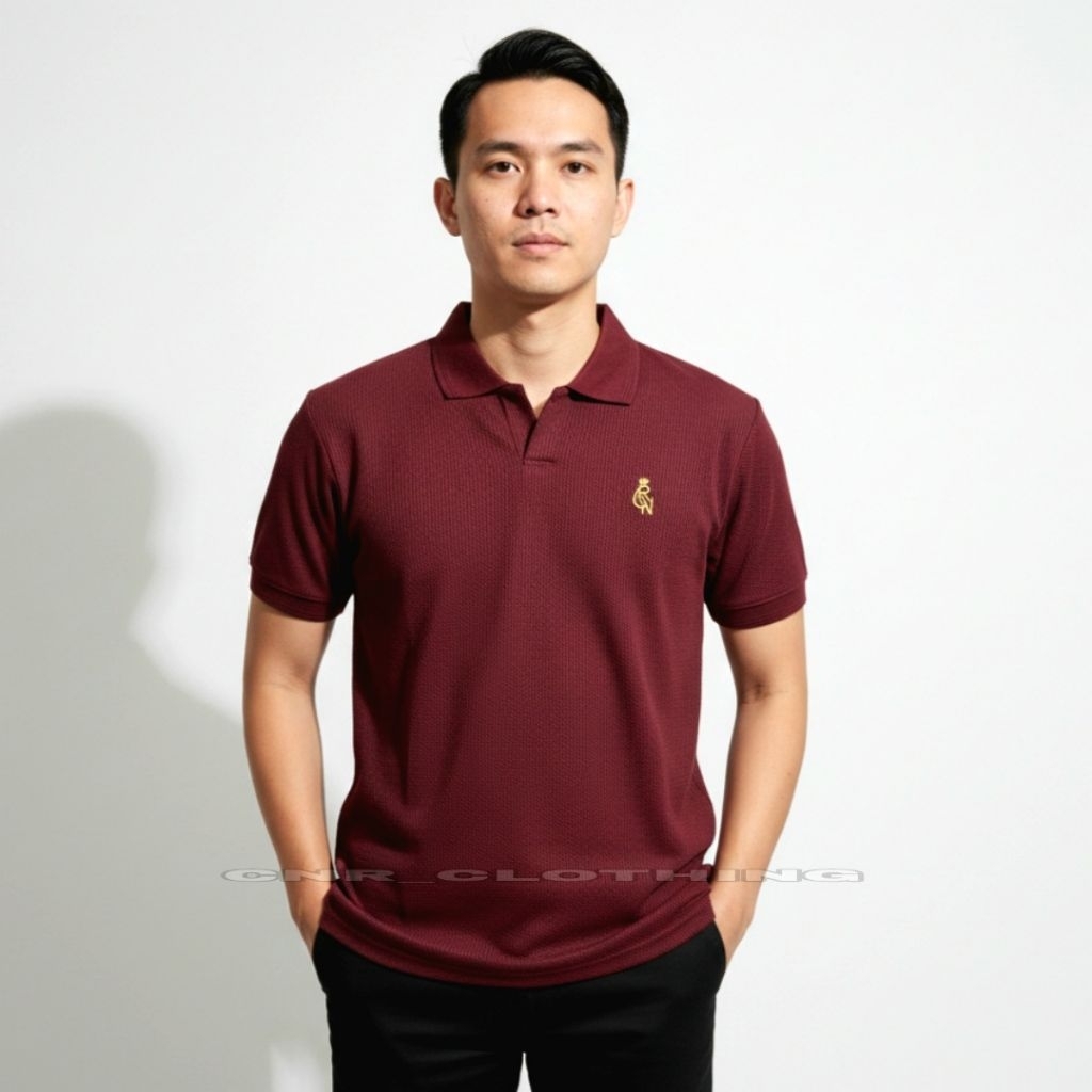 CNR Kaos Polo Shirt Pria V-Neck Premium Waffle Knit Logo Bordir | Baju Kerah Polo Cowok Kekinian