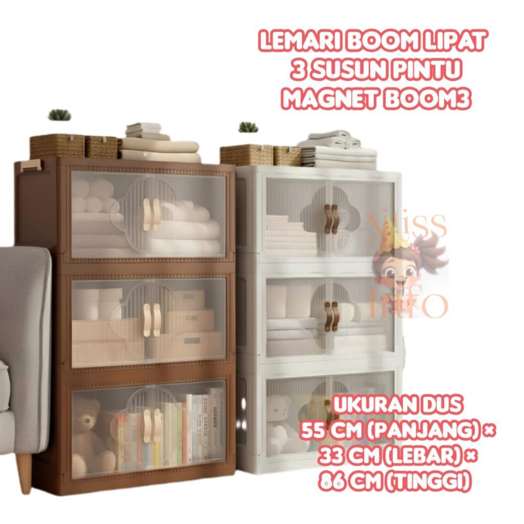 Lemari buku Lipat plastik 3susun, pintu magnet BOOM3
