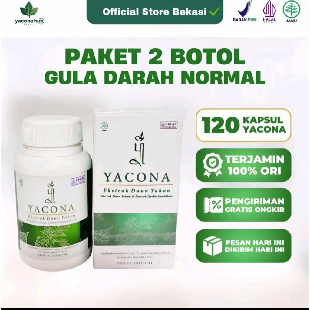 Yacona Paket 2 Botol Yacona Original Ekstrak Daun Yacona 2x60 Kapsul untuk Kontrol Angka Gula Tinggi