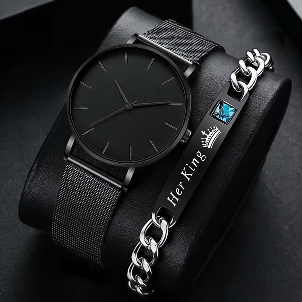 Jam Tangan Pria Gaya Bisnis Klasik Ultra Tipis Desain Elegan Paket Hemat 2 Pcs Aksesoris Fashion For
