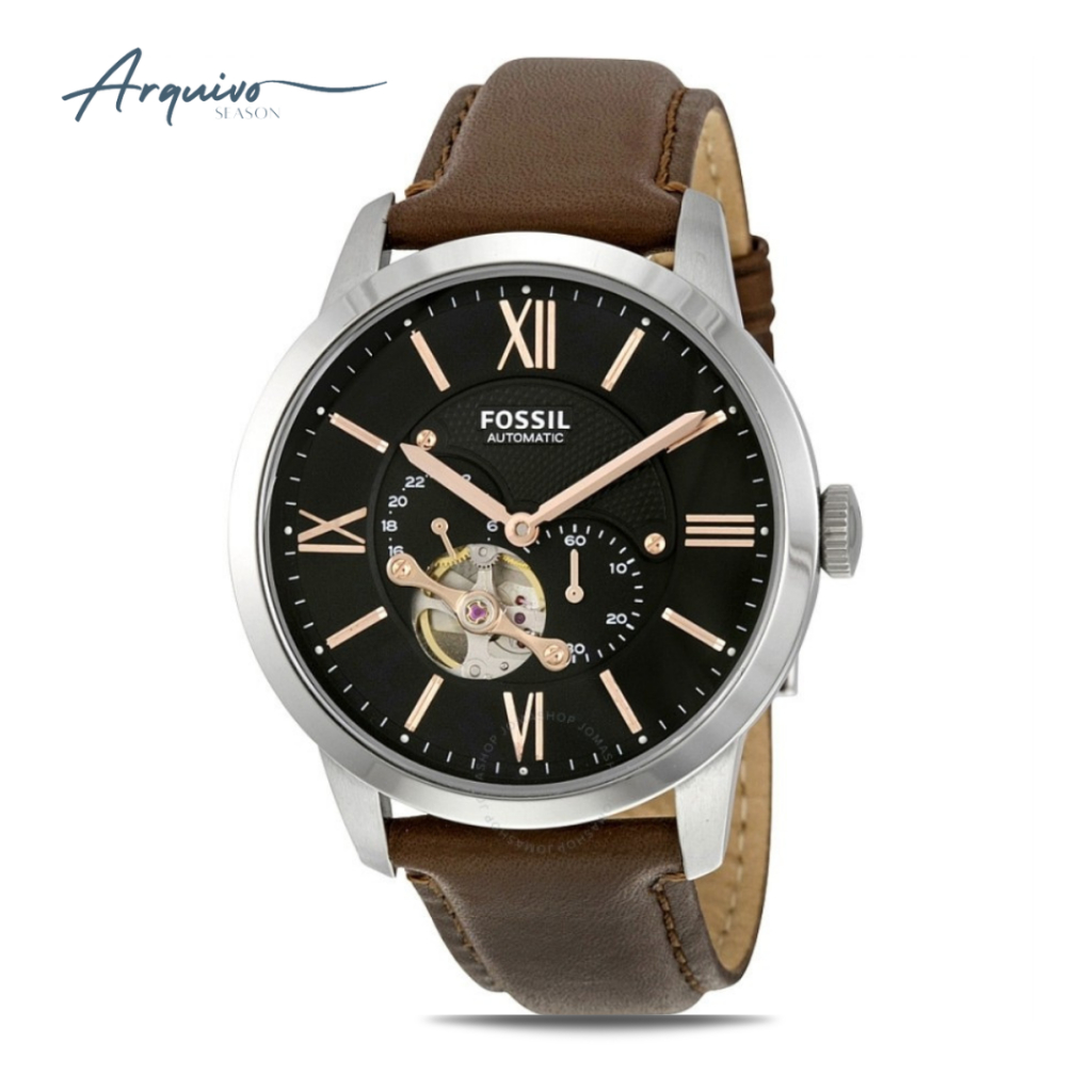 Jam Tangan Fossil Pria Townsman Automatic Kulit Brown Dial Black Casual Original ME3061