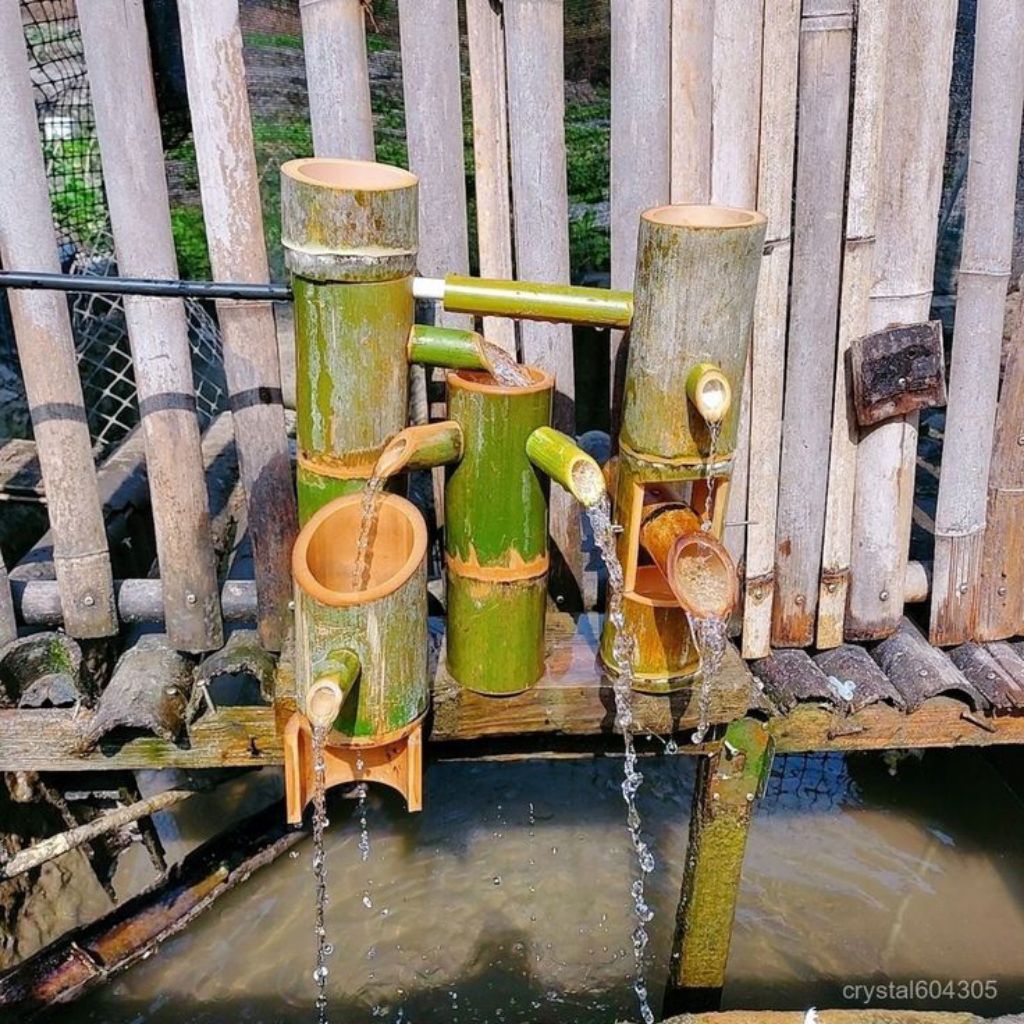 Pancuran air kolam bambu natural,hiasan kolam ikan dan kolam bambu asli