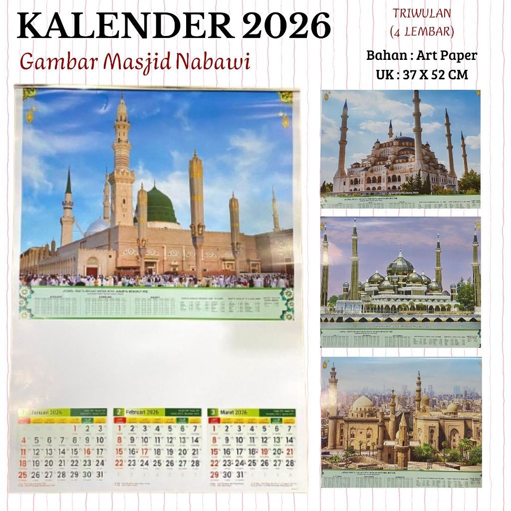 KALENDER DINDING 2026 TRIWULAN ( 4 LEMBAR )  UK ( 32 X 57 CM ) GAMBAR  MASJID NABAWI