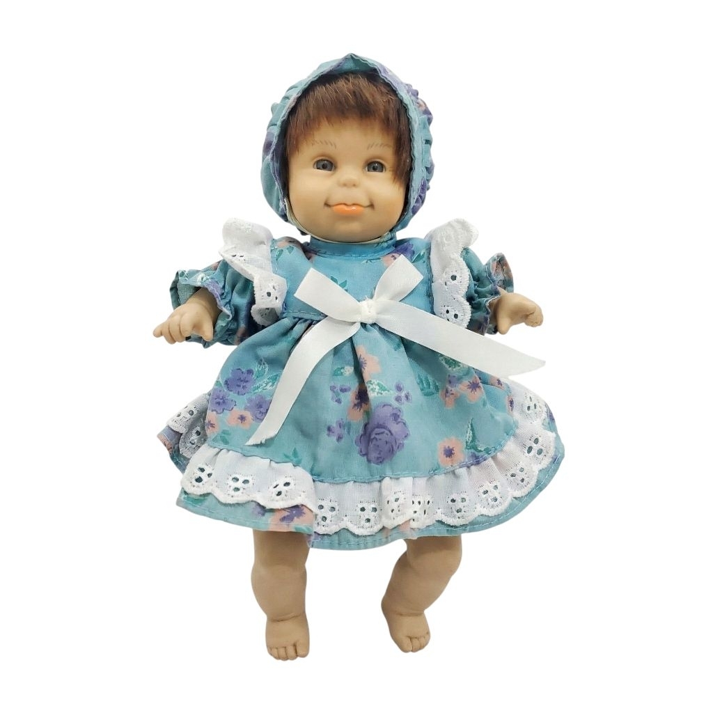 Vintage Gigo Expression Baby Doll 20cm Blue Floral Dress & Matching Bonnet Boneka Gigo