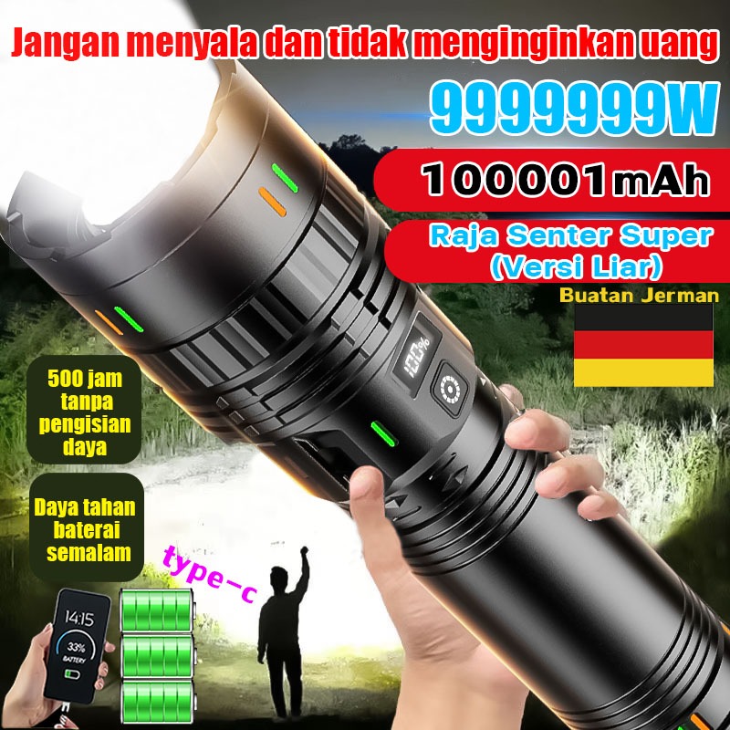 Senter LED Super Terang 50000 Lumens Jarak Jauh Ringan Tahan Air IPX4 Zoom USB/Type-C Rechargeable S