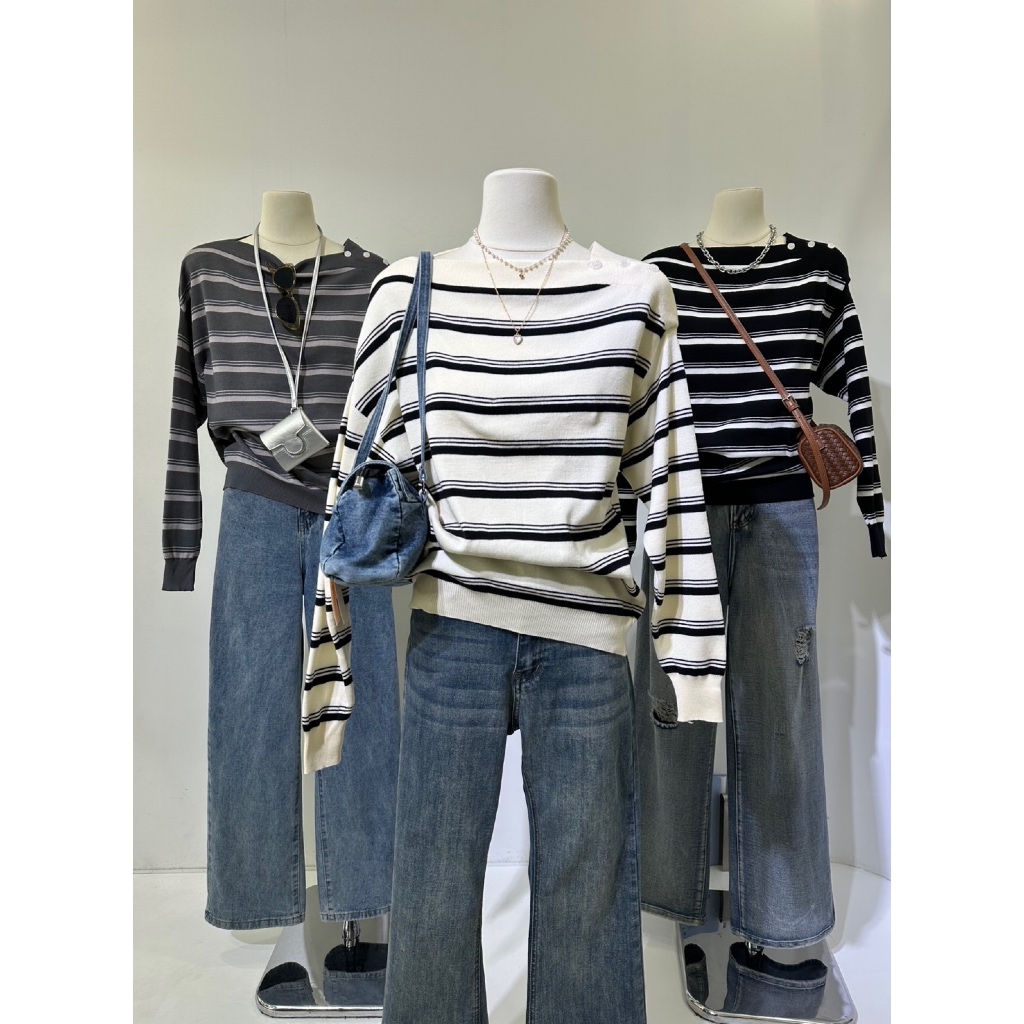 Sabrina Stripe Shirt Import Bangkok - Knit Off Shoulder Wanita