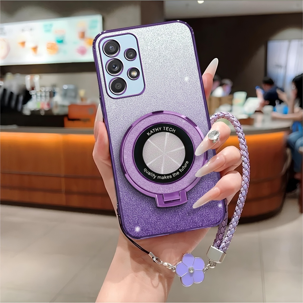 Soft Case Samsung A52 A52s 4G 5G Casing Glitter Ring Magnetic Holder Free Tali Lanyard Mewah Premium
