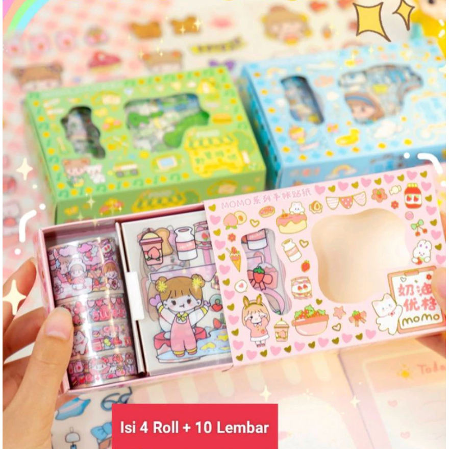 [TERBARU] Sticker Momo Set Roll washitape isi 4 Roll + 10 lembar stiker / Stiker MOMO ROLL BARU