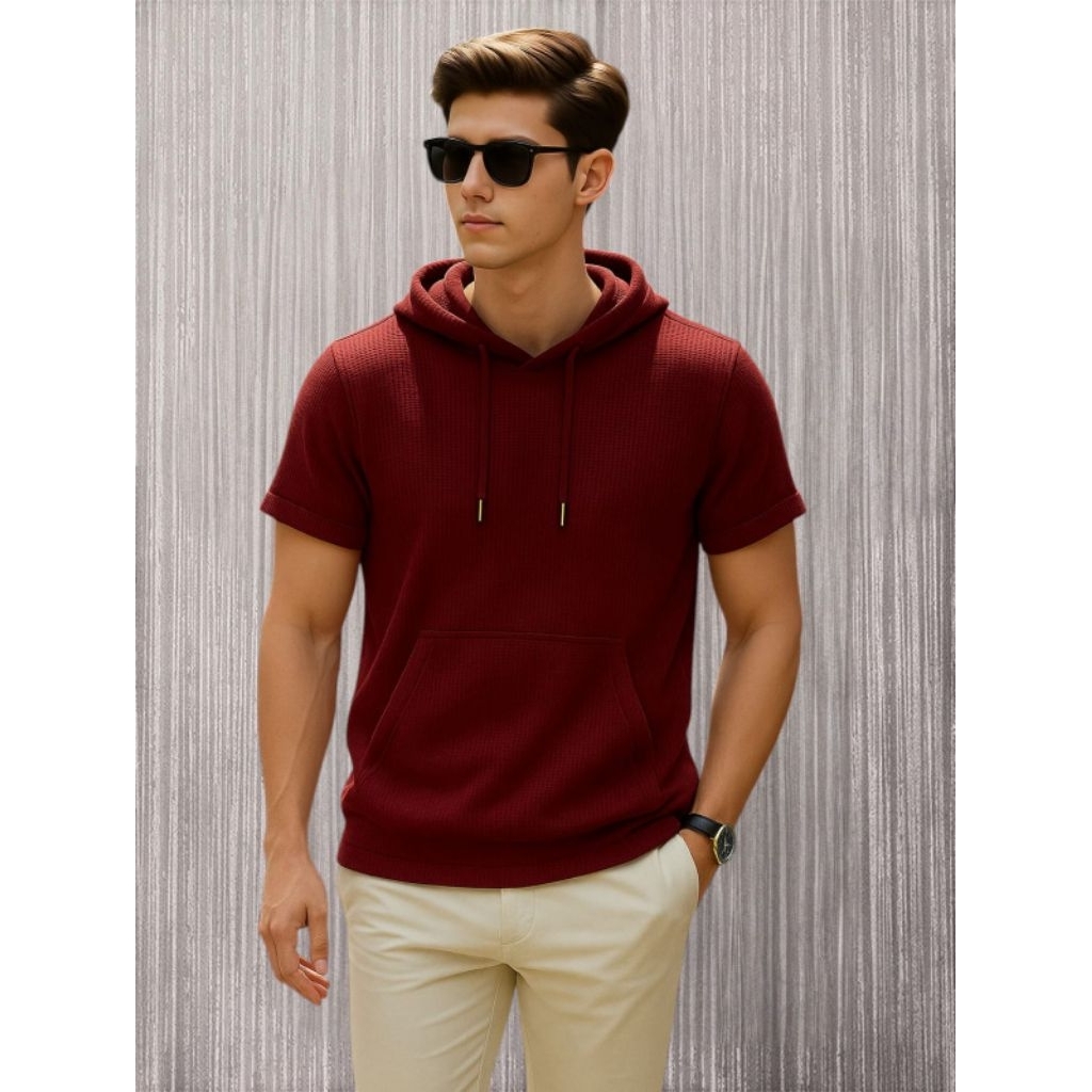 atasan pria kaos waffle hoodie kupluk lengan pendek.pakaian cowok hoodie kupluk kantong besar dibawa