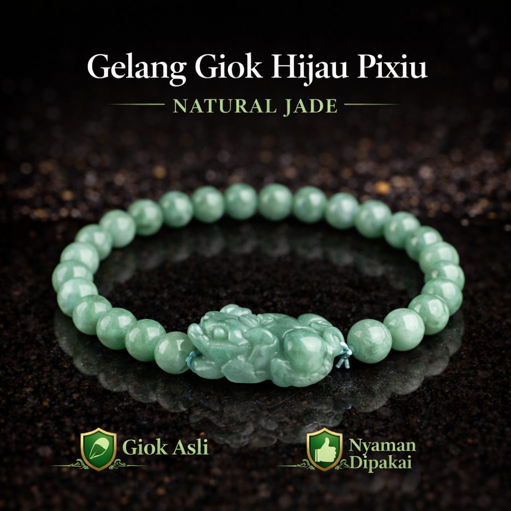 Gelang Giok Hijau Natural Ukir Pixiu | Batu Alam Giok Asli Wanita Premium Elegan