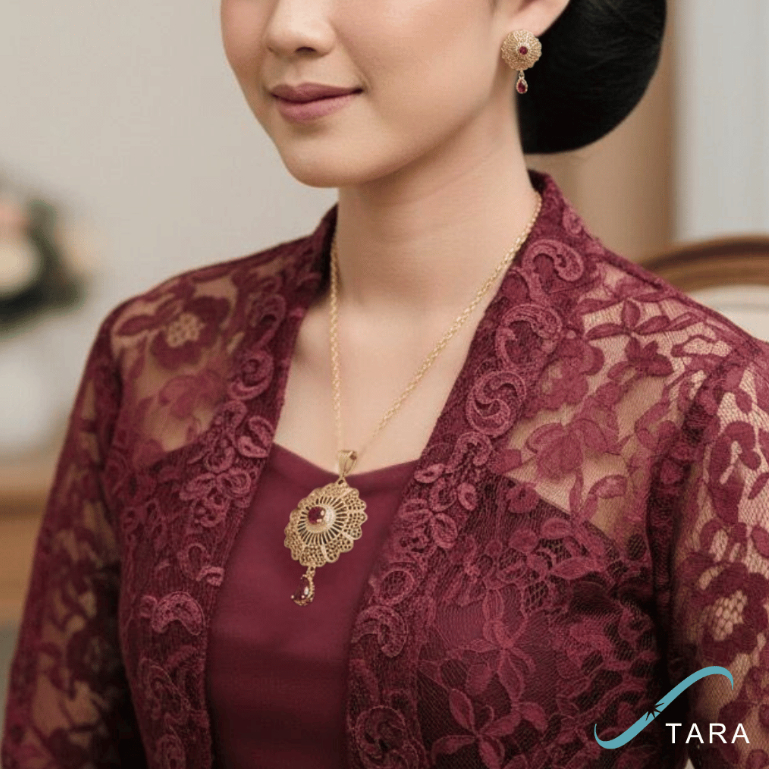 Kalung Set Kebaya Batik Bunga Elegan Wanita Titanium Anti Karat Lapis Emas Aksesories Perhiasan Kore