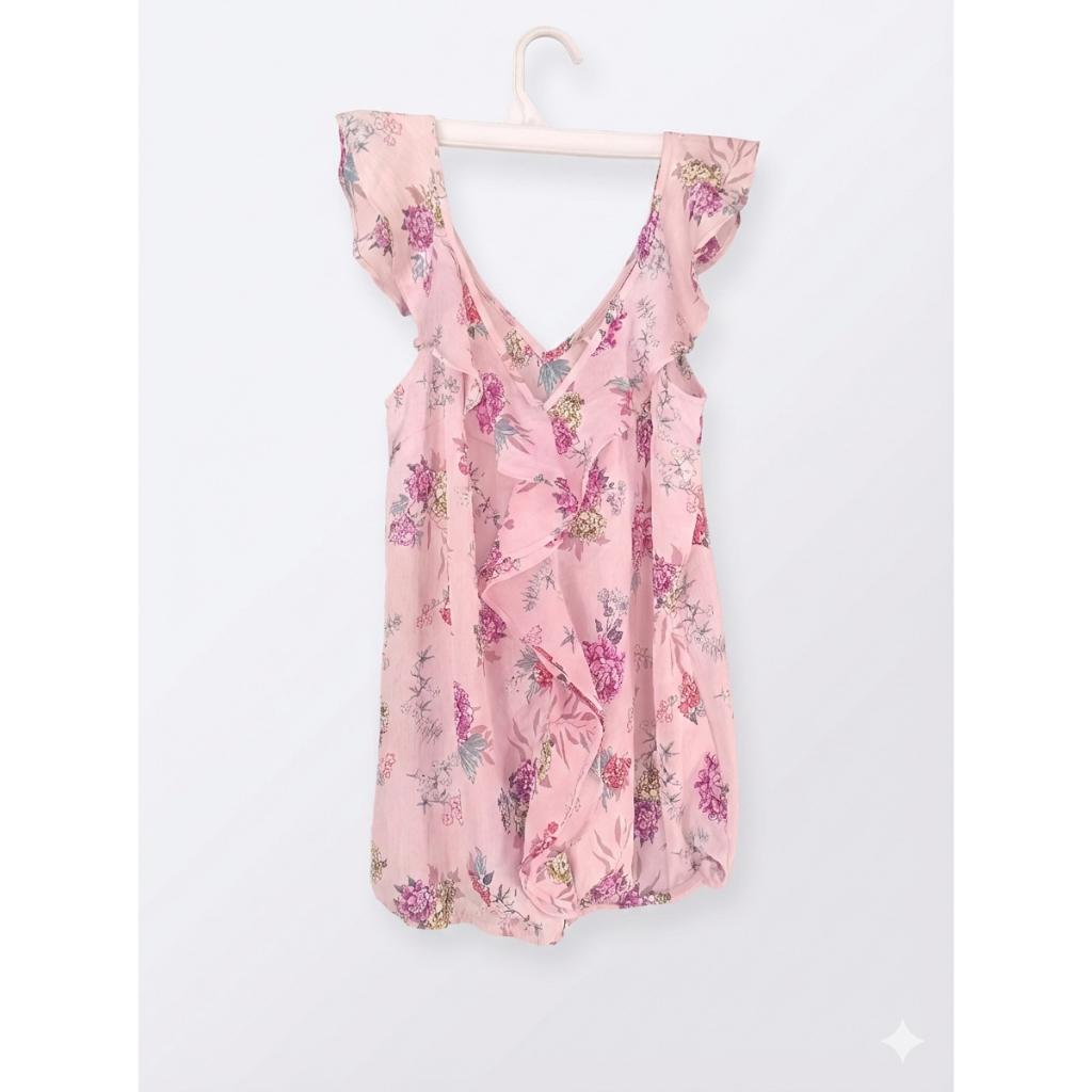 blouse v neck ruffle floral oink atasan blus tanpa lengan branded wanita