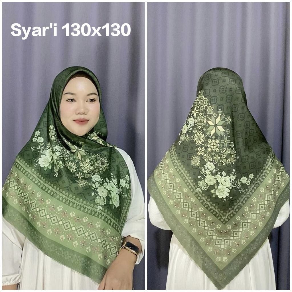 HIJAB SEGI EMPAT SYAR'I JUMBO VOAL MOTIF SUBLIME BUNGA KHANZA HIJAU ARMY