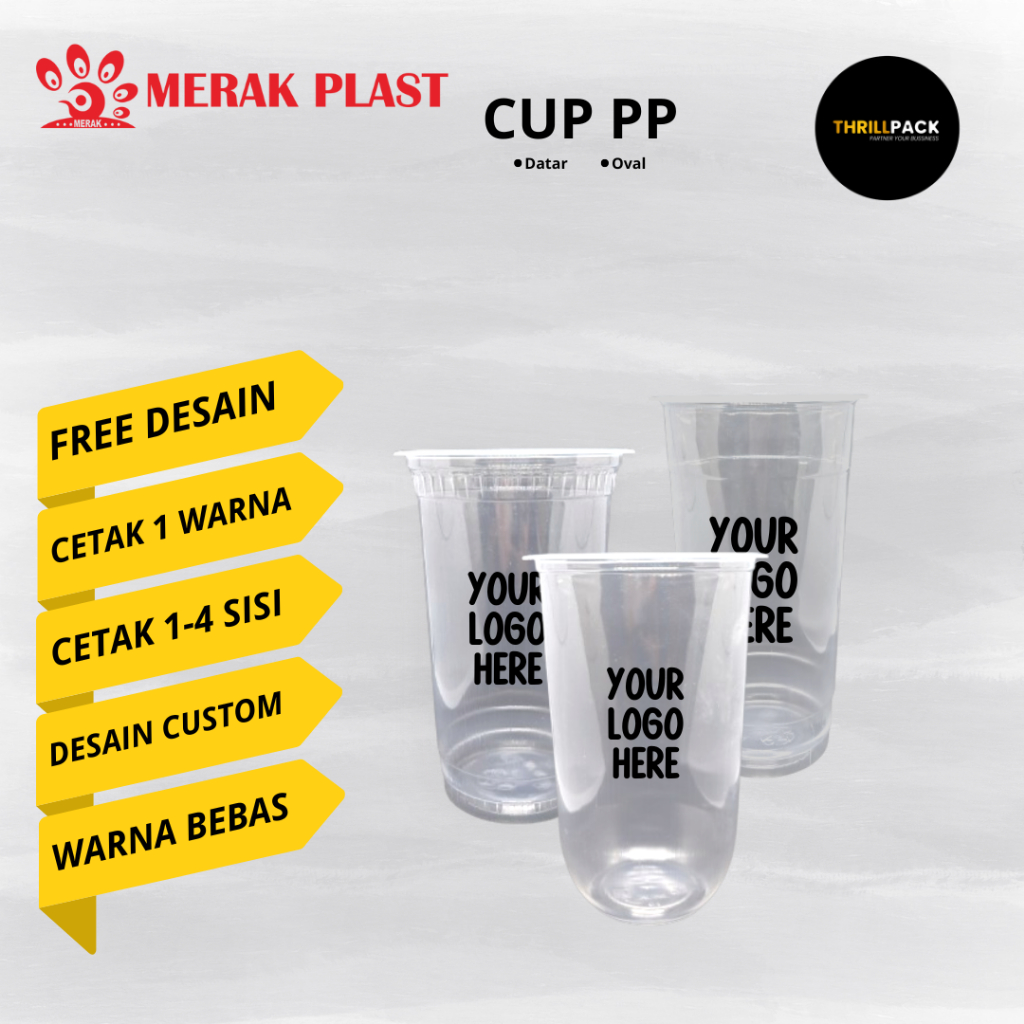 SABLON CUP PLASTIK MERK MERAK ALL SIZE 12 / 14 / 16 / 18 / 22 OZ DATAR / OVAL & SLIM CUSTOM DESAIN &
