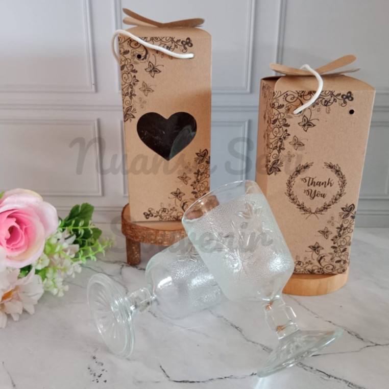 Souvenir Pernikahan Gelas Minum Kaki Bunga Gelas Wine Kaca Motif Bunga Kemas Paper Box