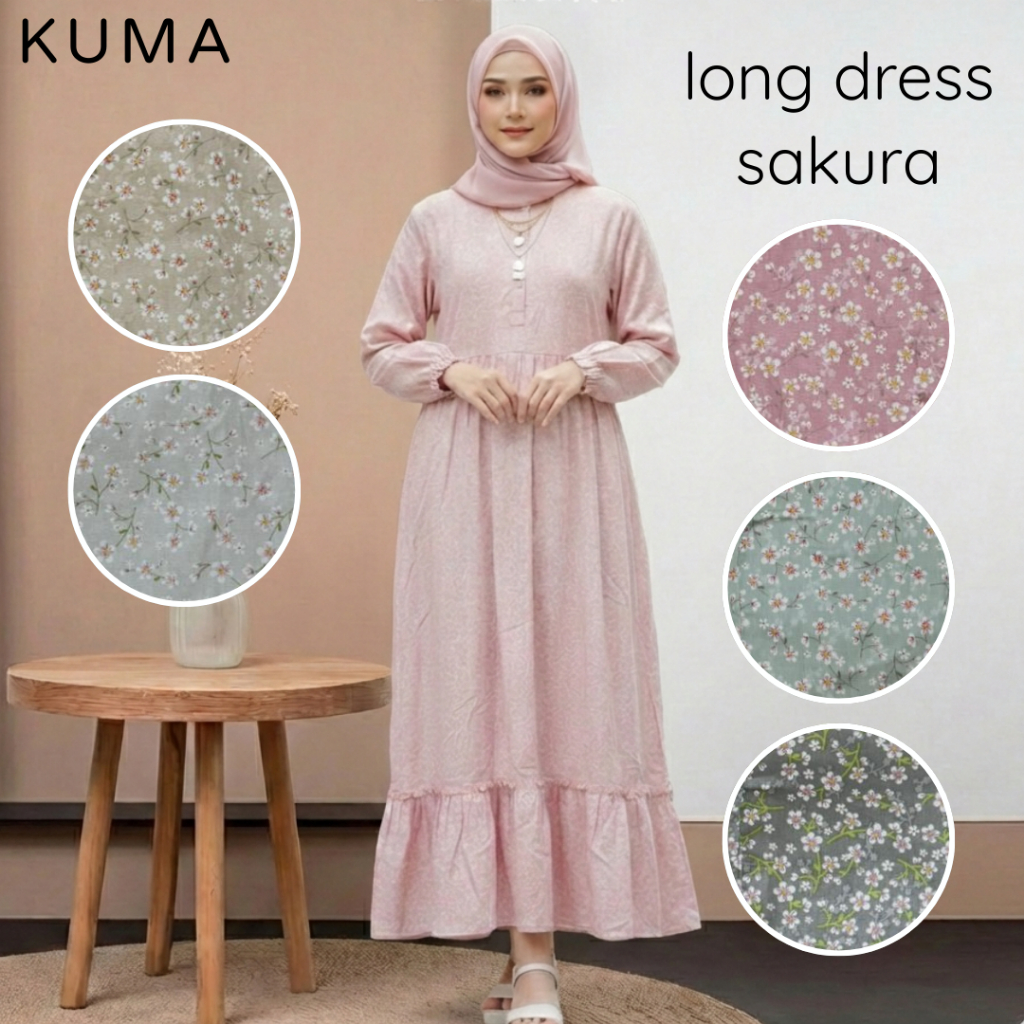 Daster Long Dress Wanita Katun Jepang Premium Motif Bunga - Sakura
