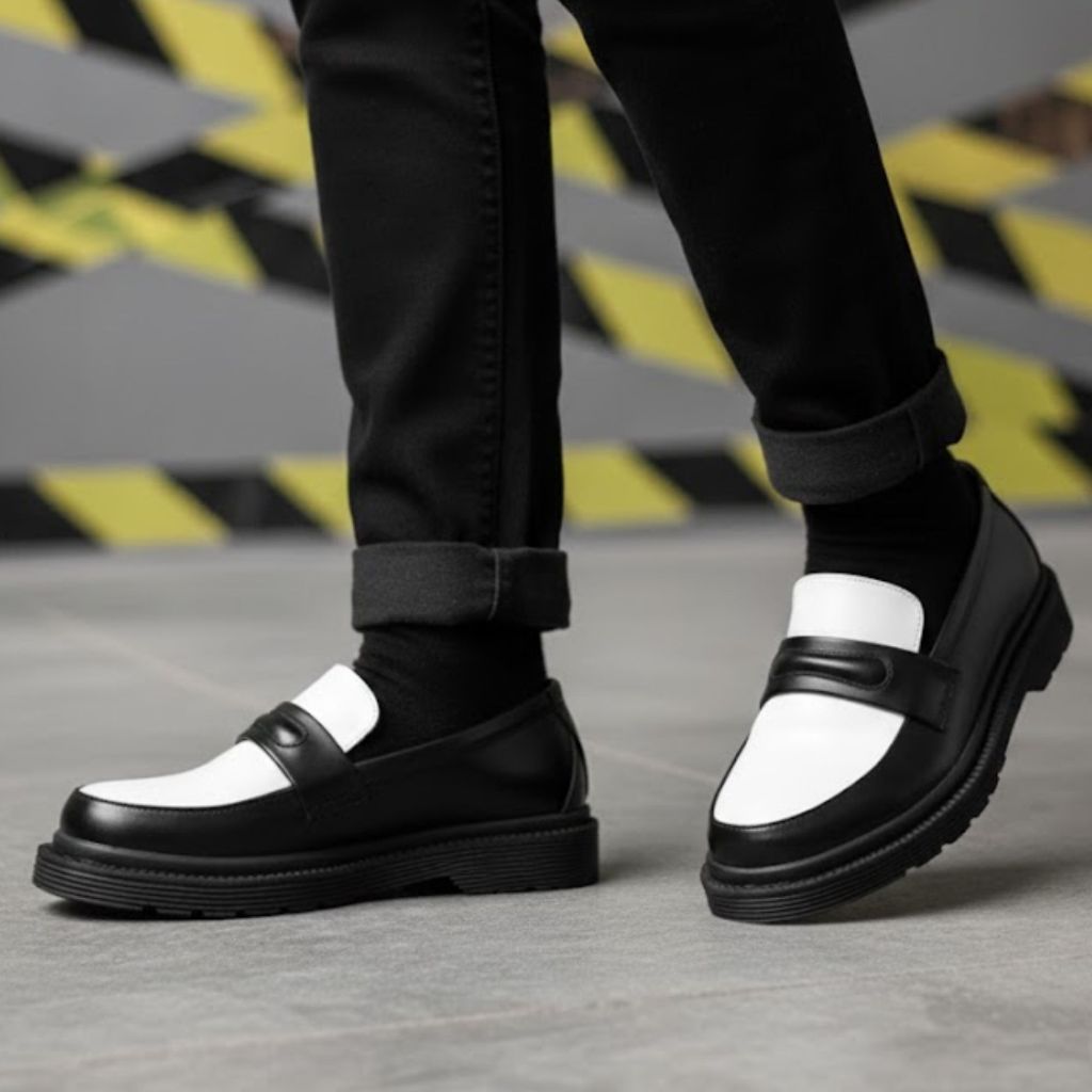 Capilari - Sepatu Pantofel Loafer Pria Hitam Putih - Sepatu Kulit Sintetis Anti SLip - BSC009