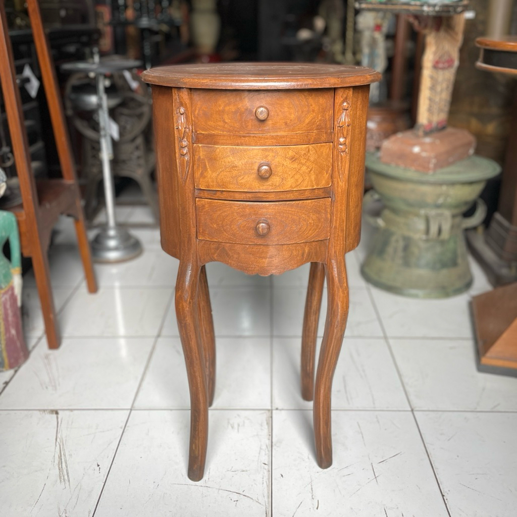 Meja Sudut Nakas Kayu Eropa Art Deco dengan Laci Lawas Jadul Tua
