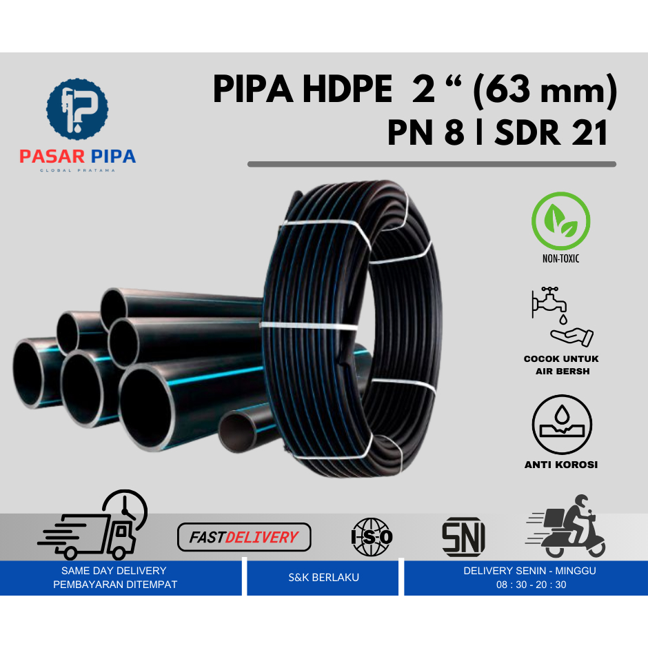 Pipa HDPE 2 inch PN 8  Selang HDPE Hitam per Roll 100 Meter