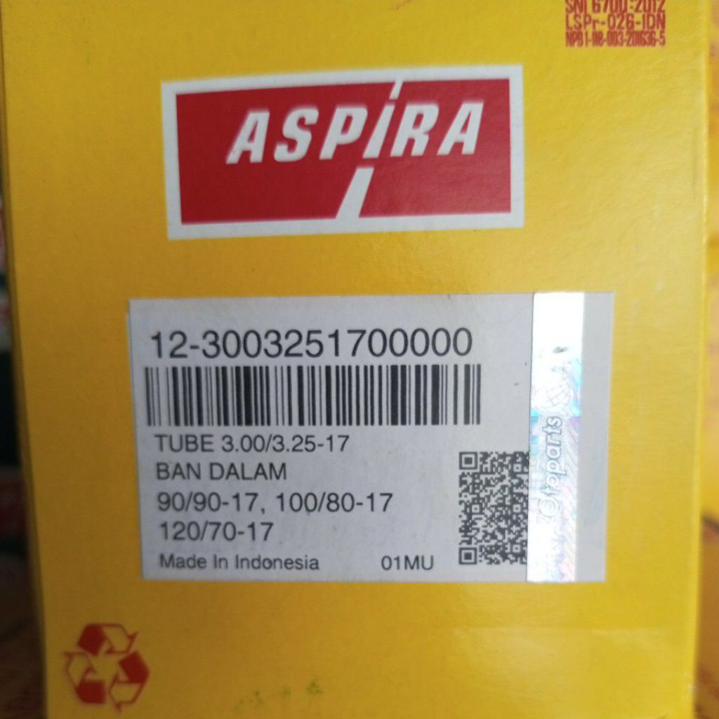 Ban dalam Aspira 300/325-17 kualitas tinggi,bisa untuk semua motor sport ,vixion,Megapro,Verza,cb150