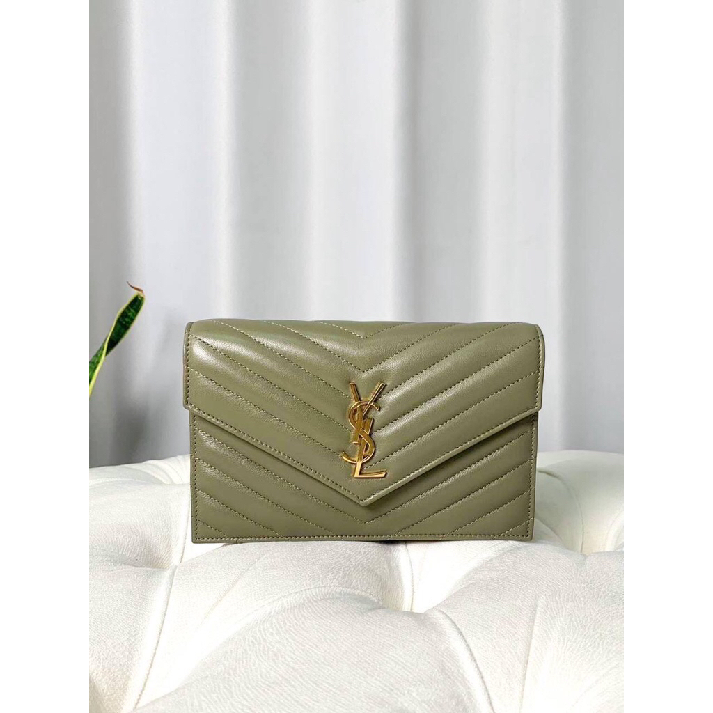 (NEW) YSL Cassandra WOC 19cm Light Sage Chevron Lambskin GHW
