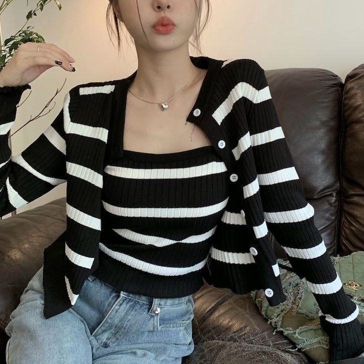 PREMIUM tanktop rajut set, one set tanktop dan cardigan rajut motif garis lengan panjang