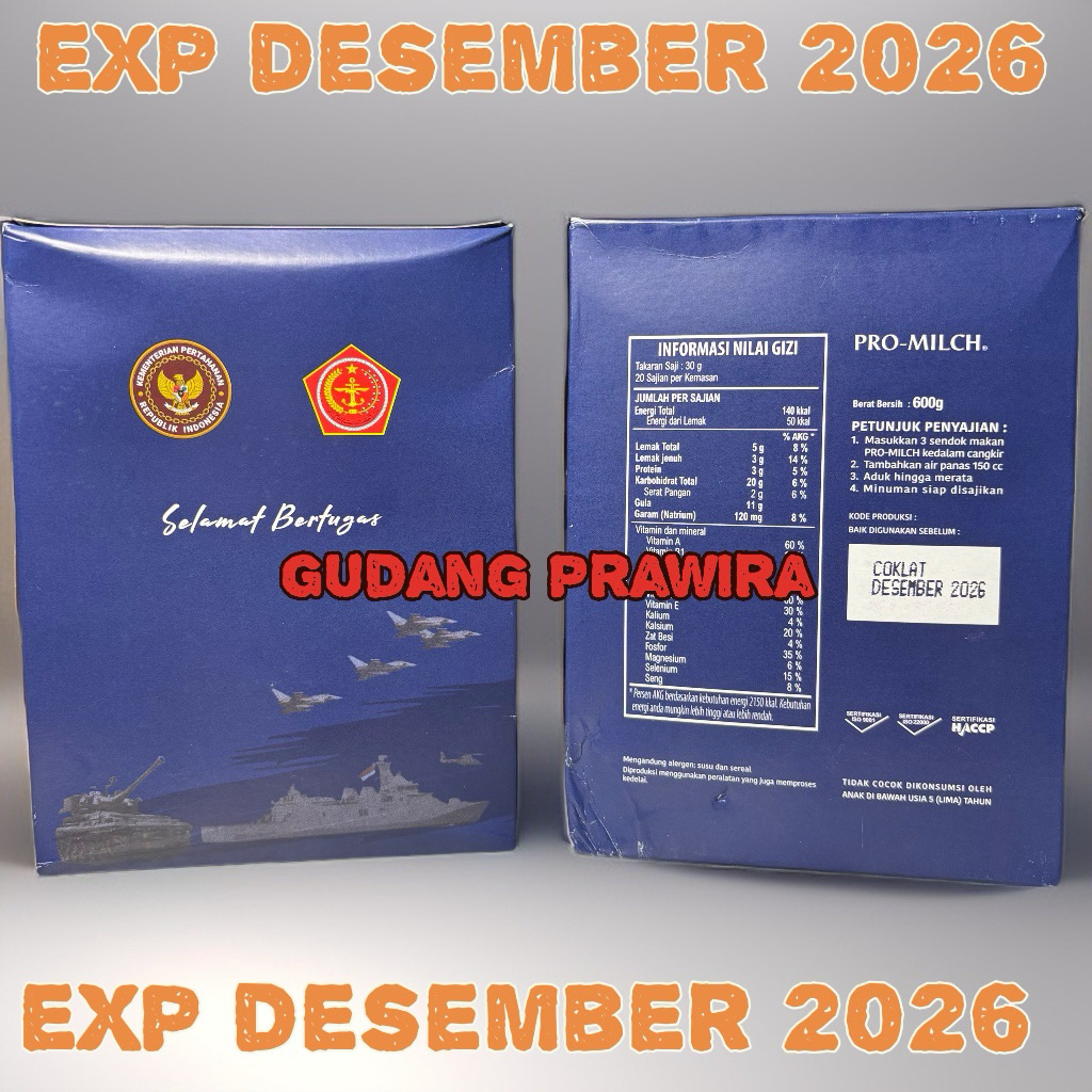 Ransum Promilch Coklat 1 Box Exp Desember 2026 600 Gram Terbaru Susu Serdadu FD3 Jatah TNI Asli 100%