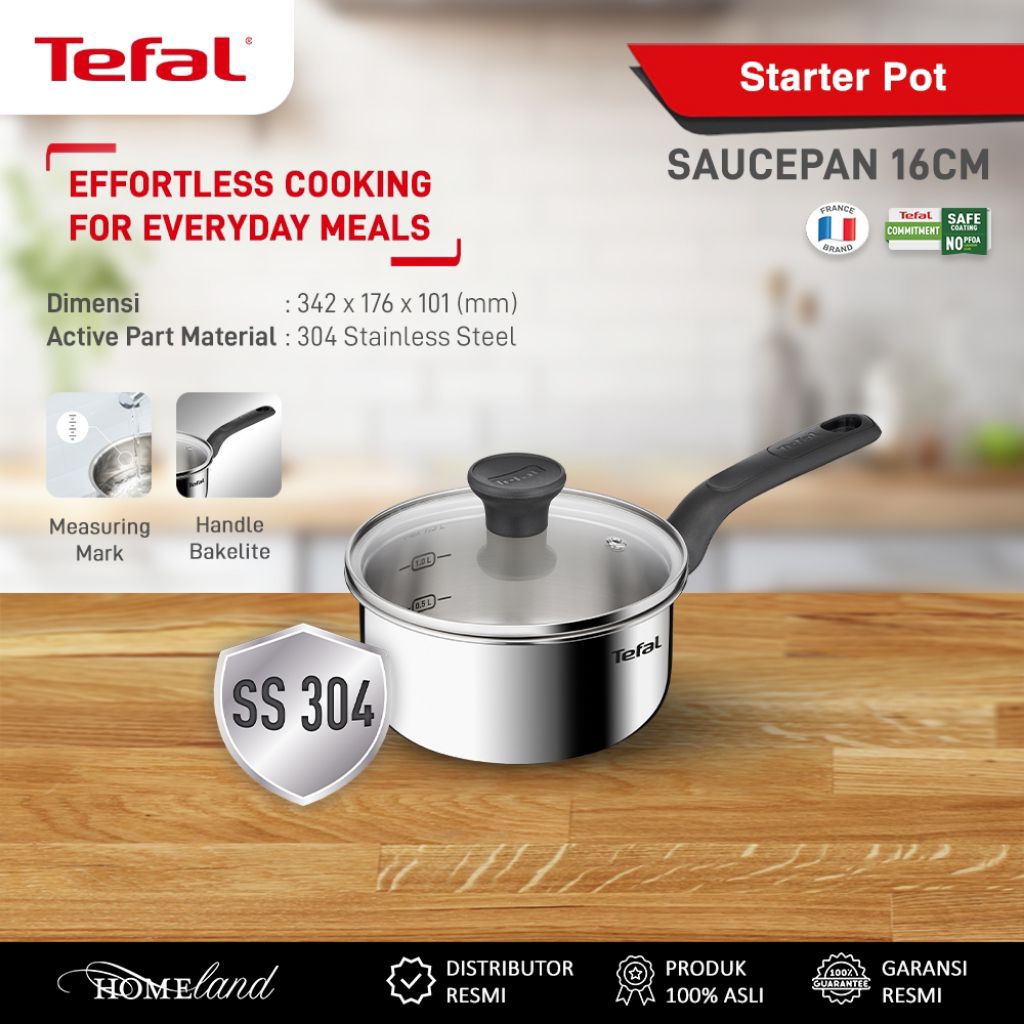 TEFAL Sauce Pan Tefal Starter Stainless Pots Panci Stainless 304 Panci gagang 16cm Panci Tutup