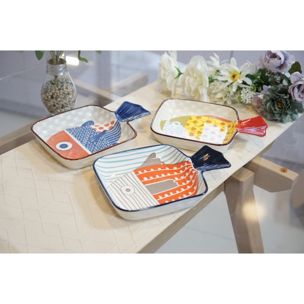 [X27-22] Basi Segi+PEG 8" Gambar Ikan/Keramik/basi aesthetic/basi cantik/basi motif/porcelain