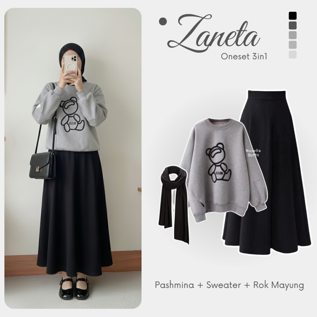 Zaneta One Set Hijab 3in1 | Sweater Oversize + Rok Mayung A Line + Pashmina | Outfit Casual Korean L