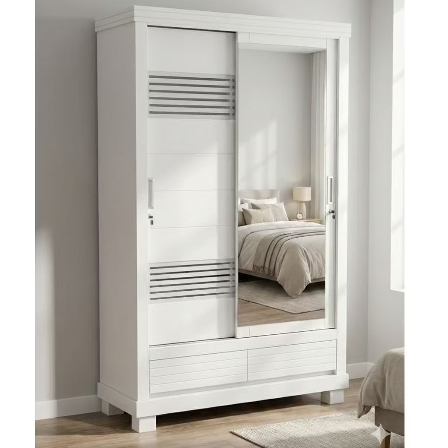 Lemari pakaian 2 pintu cermin pintu geser lemari kayu blocboard cat Duco putih glossy