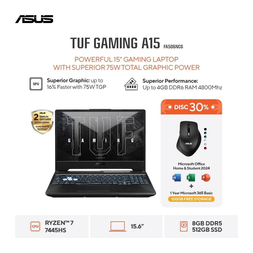 [FREE MOUSE] ASUS TUF Gaming A15 FA506NCG-R735B1T-HM- Graphite Black [AMD Ryzen  7 7445HS Processor 