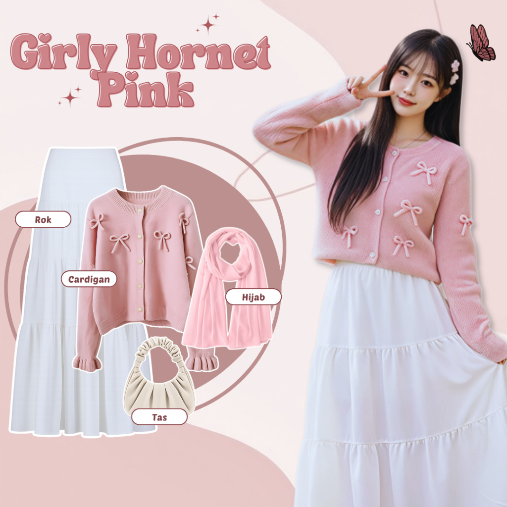 Setelan Casual Remaja - Cardigan Pita + Rok Susun / Celana Knit + Hijab - Outfit Lebaran Korean Styl