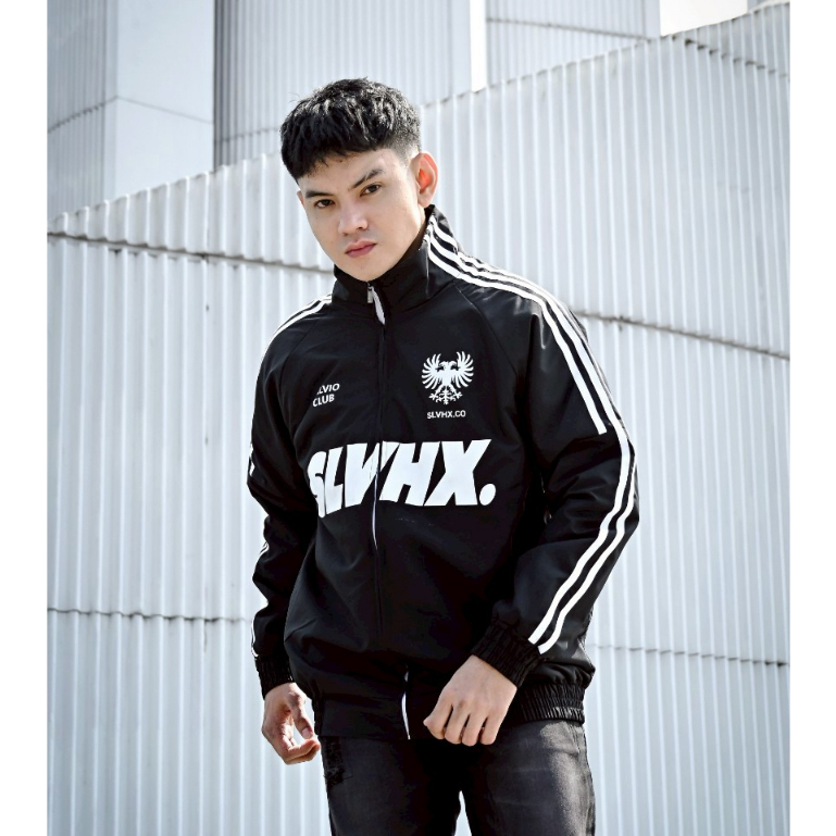Jaket Tracktop Pria SLVHX Hitam - Jaket Sport Streetwear Strip Putih Premium