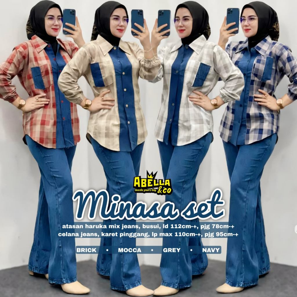 MINASA CAROL SET ORIGINAL BY ABELLA&CO BAHAN ATASAN HARUKA MIX JEANS CELANA JEANS KARET PINGGANG