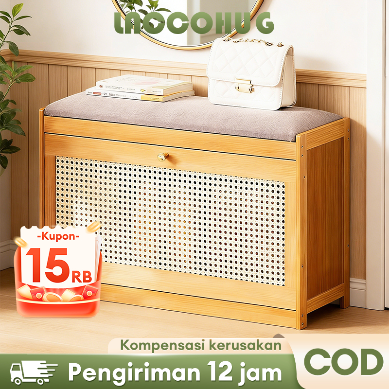 Laccohug-Bangku Sepatu Bambu Bangku Sepatu Penyimpanan Dua Lapis Bangku Sepatu Pintu Rotan