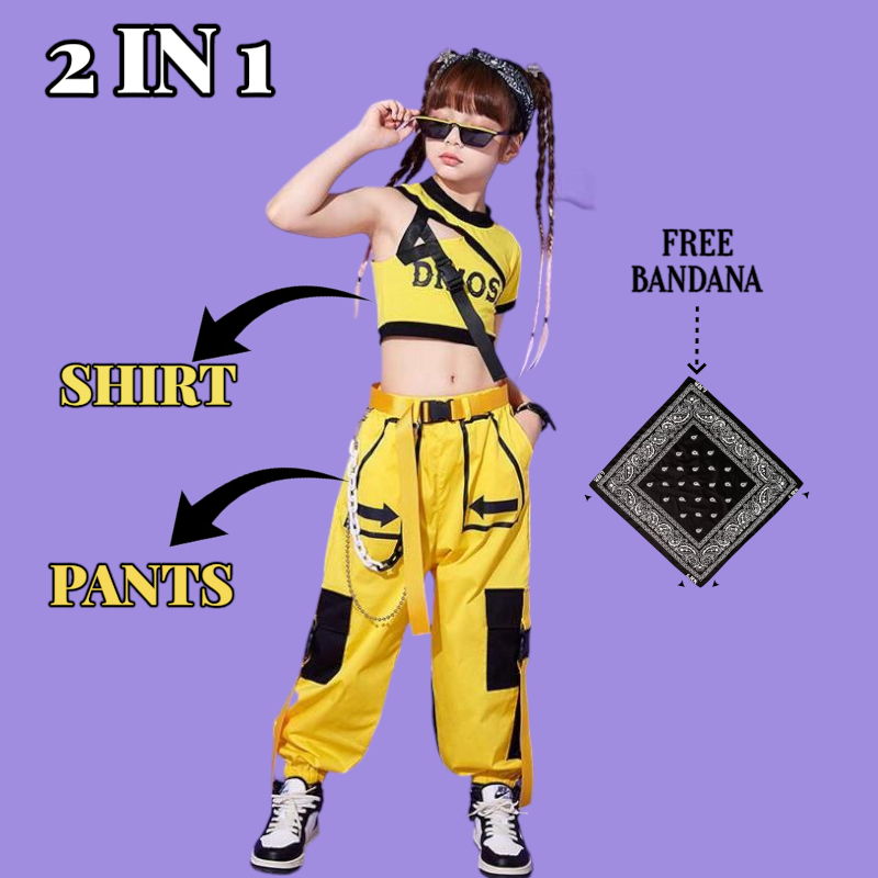 RYUKA setelan Baju Dance anak 2in1 Kpop Trendi Hip-Hop Anak Perempuan, Baju Keren Hip-Hop, Tari Jazz
